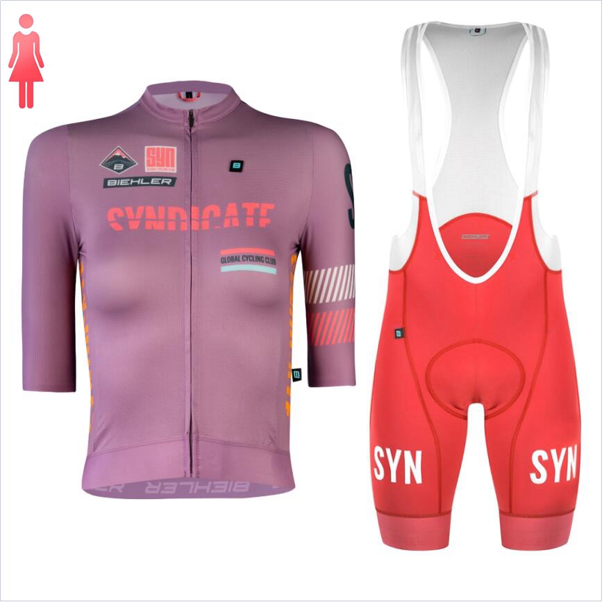 SYN 여성용 퍼플 반팔 저지와 레드 턱받이 반바지,  - Cycling Gear Women Sale 리뷰 및 가격